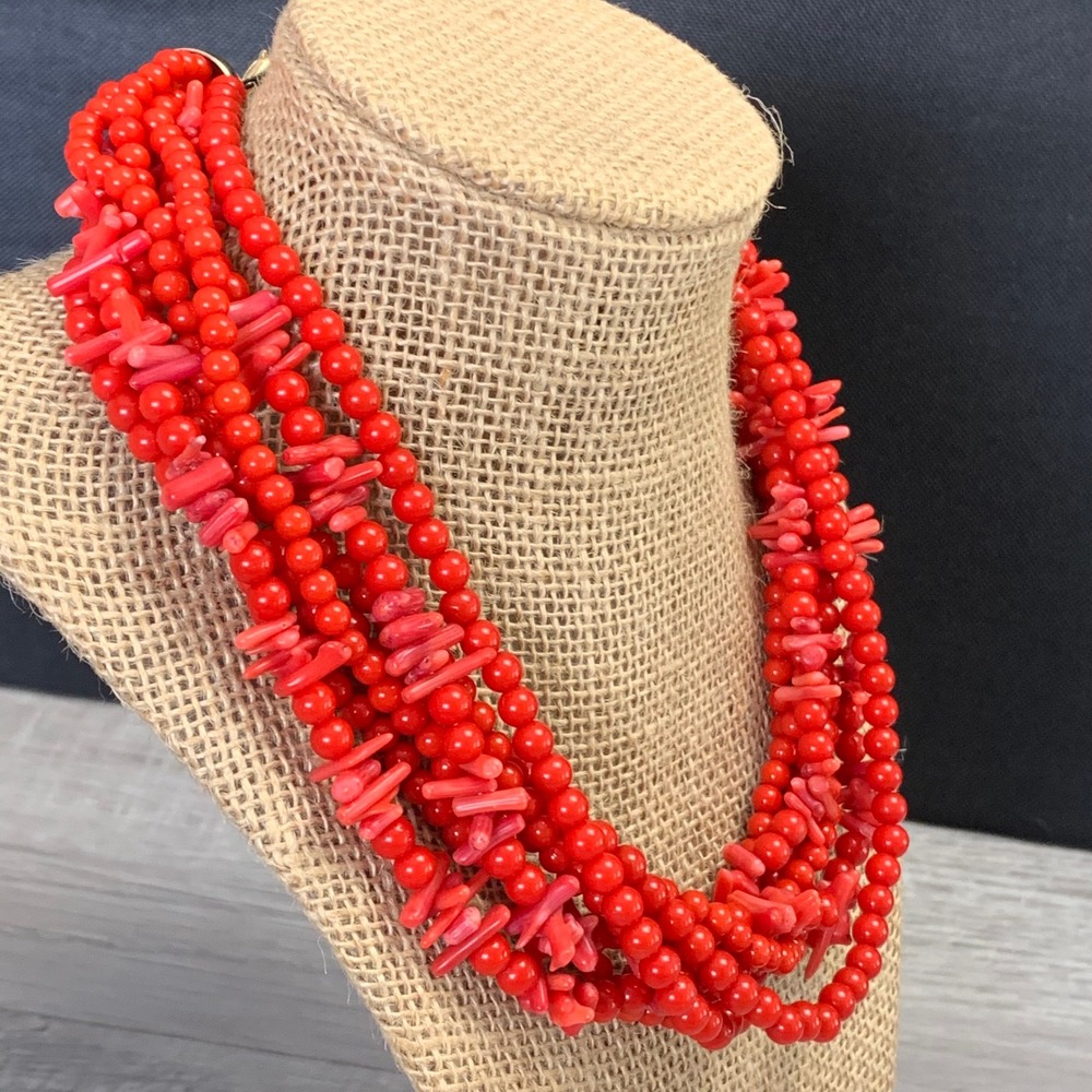 Red Multi Strand Statement Necklace Faux Coral Branch Bead Gold Tone 16in 4130 - Picture 2 of 6